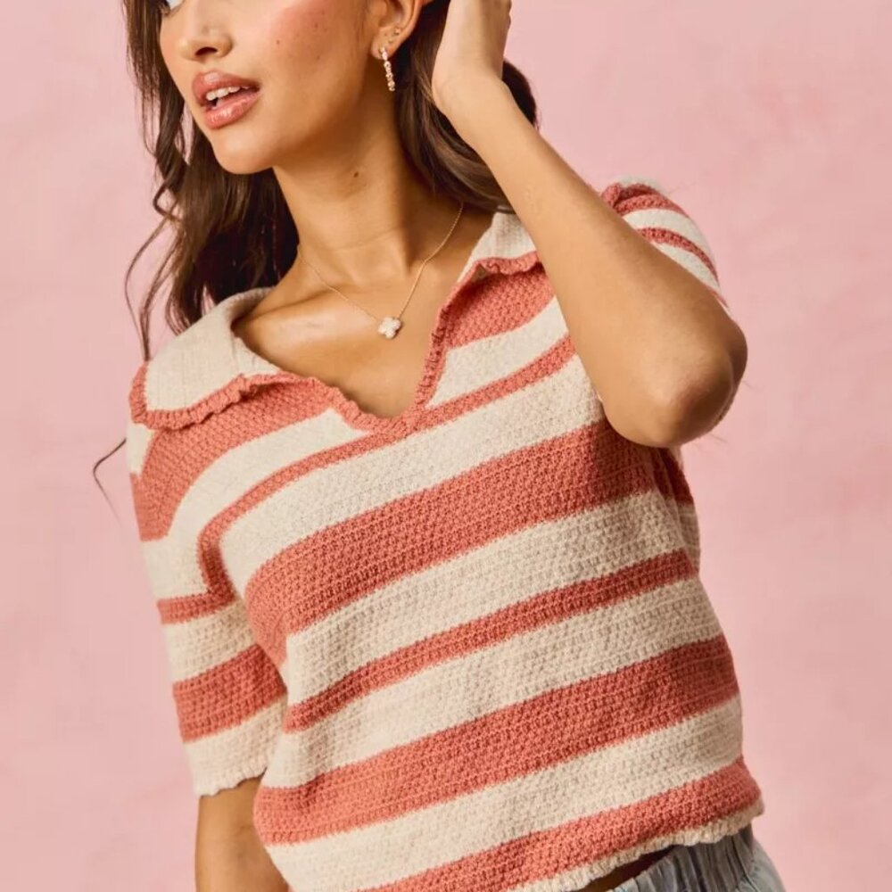 SO ME Stripe Short Sleeve Cropped‎ Sweater